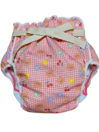 Adult baby diaper cover with bear and flower check pattern urethane waterproof waist strap