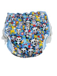 Adult baby diaper cover panda  pattern polyurethane waterproof blue / lace on hip