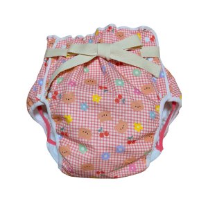 Photo: Adult baby diaper cover with bear and flower check pattern urethane waterproof waist strap